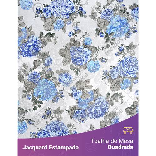 Toalha de Mesa Quadrada em Tecido Jacquard Estampado Floral Azul