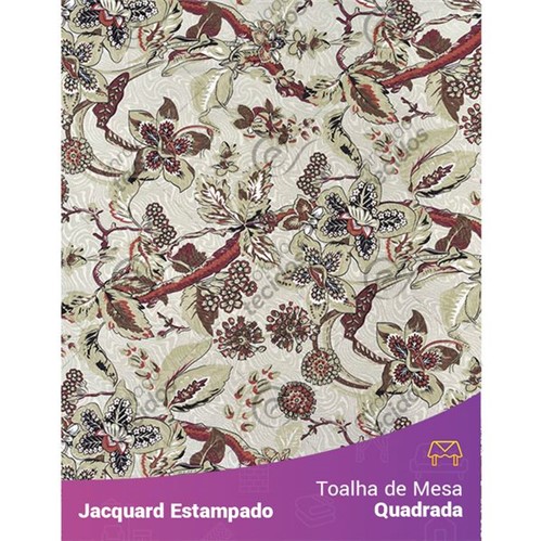 Toalha de Mesa Quadrada em Tecido Jacquard Estampado Floral Bege e Marsala 1,40m X 1,40m