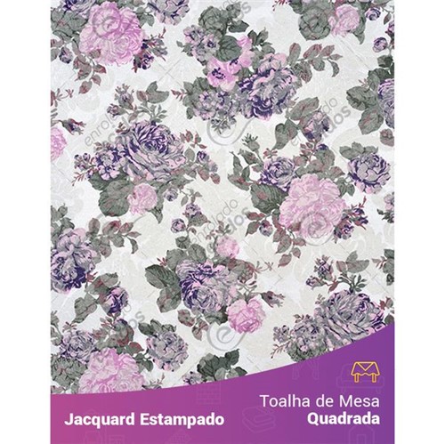 Toalha de Mesa Quadrada em Tecido Jacquard Estampado Floral Lilás 1,40m X 1,40m