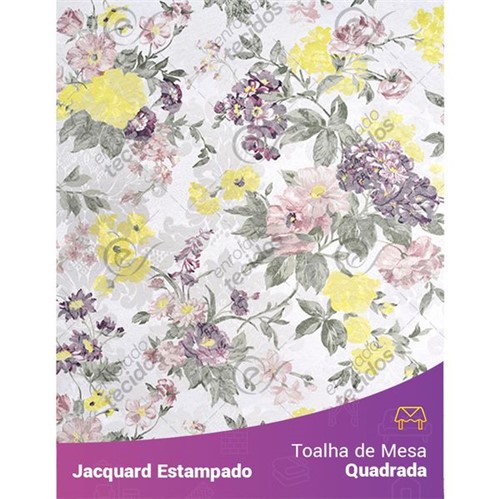 Toalha de Mesa Quadrada em Tecido Jacquard Estampado Floral Lilás e Amarelo 1,40m X 1,40m