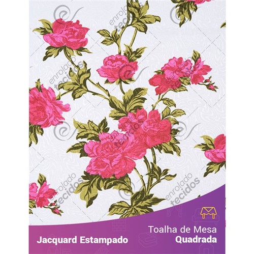 Toalha de Mesa Quadrada em Tecido Jacquard Estampado Floral Rosa Fundo Branco 1,40m X 1,40m