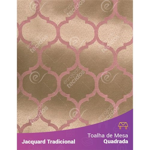 Toalha de Mesa Quadrada em Tecido Jacquard Rosa Envelhecido e Dourado Geométrico Tradicional 1,40m X 1,40m