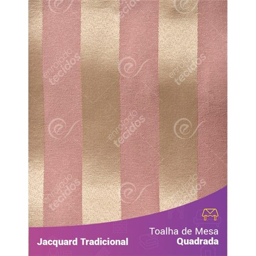 Toalha de Mesa Quadrada em Tecido Jacquard Rosa Envelhecido e Dourado Listrado Tradicional 1,40m X 1,40m