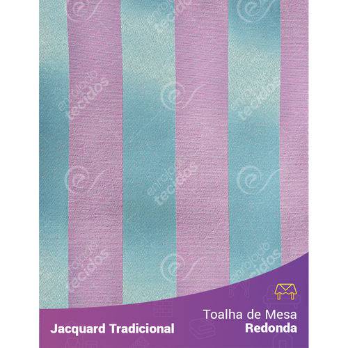 Toalha de Mesa Redonda em Tecido Jacquard Azul Tiffany e Rosa Listrado Tradicional