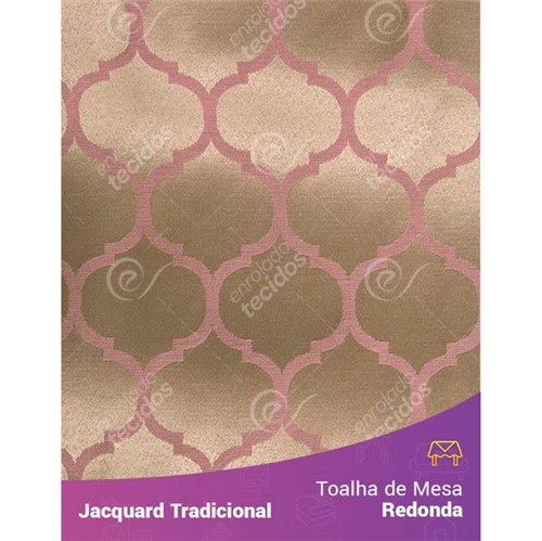Toalha de Mesa Redonda em Tecido Jacquard Rosa Envelhecido e Dourado Geométrico Tradicional 2,80m