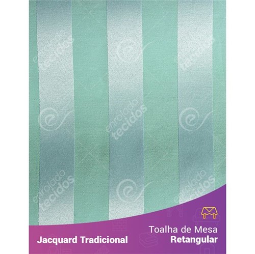 Toalha de Mesa Retangular em Tecido Jacquard Azul Tiffany e Prata Listrado Tradicional 1,40m X 2,10m