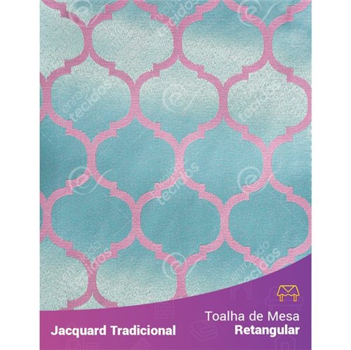 Toalha de Mesa Retangular em Tecido Jacquard Azul Tiffany e Rosa Geométrico Tradicional 1,40m X 2,10m