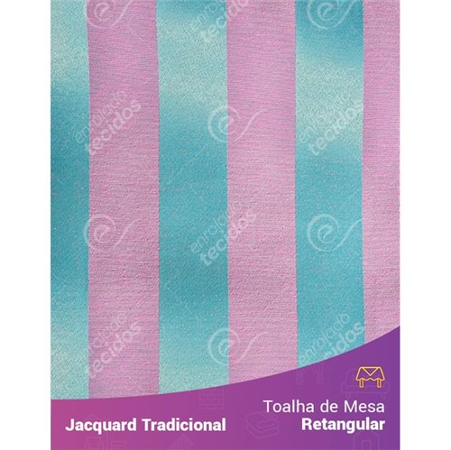 Toalha de Mesa Retangular em Tecido Jacquard Azul Tiffany e Rosa Listrado Tradicional 1,40m X 2,10m