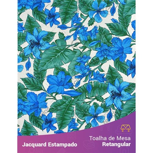 Toalha de Mesa Retangular em Tecido Jacquard Estampado Flor Hibiscus Azul 1,40m X 2,50m