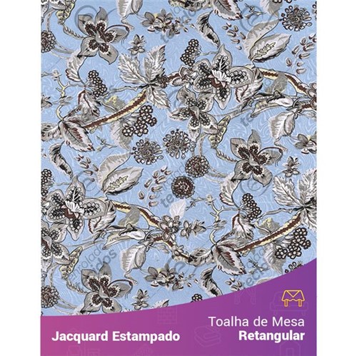 Toalha de Mesa Retangular em Tecido Jacquard Estampado Floral Azul e Cinza 1,40m X 2,10m