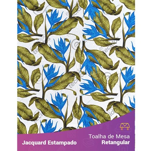 Toalha de Mesa Retangular em Tecido Jacquard Estampado Floral Azul Verde e Branco 1,40m X 2,10m