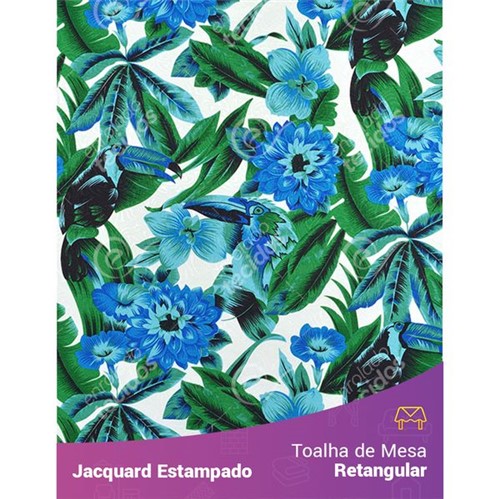 Toalha de Mesa Retangular em Tecido Jacquard Estampado Tucano Azul 1,40m X 2,10m