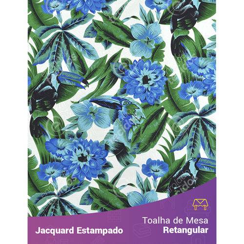 Toalha de Mesa Retangular em Tecido Jacquard Estampado Tucano Azul