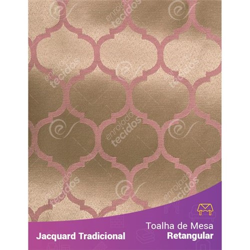 Toalha de Mesa Retangular em Tecido Jacquard Rosa Envelhecido e Dourado Geométrico Tradicional 1,40m X 2,10m