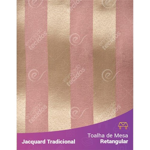 Toalha de Mesa Retangular em Tecido Jacquard Rosa Envelhecido e Dourado Listrado Tradicional 1,40m X 2,10m