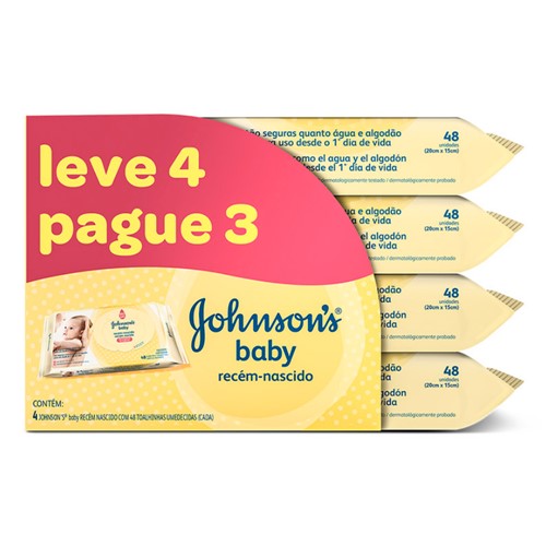 Toalha Umedecida Johnson's Baby Recém Nascido Leve 4 Pague 3 com 48 Unidades Cada