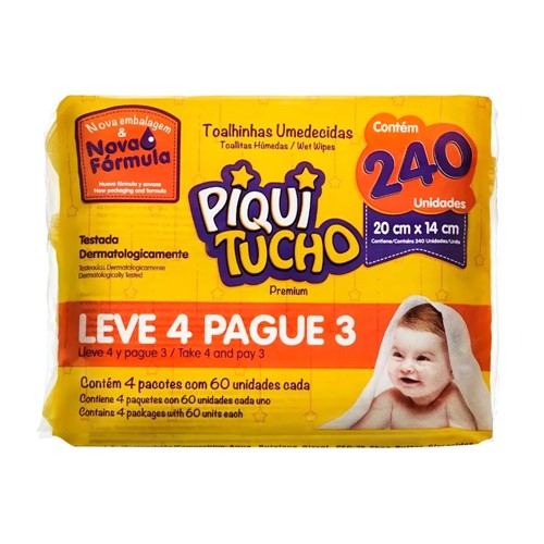 Toalha Umedecida Piquitucho Premium Leve 4 Pague 3 com 4 Pacotes de 60 Unidades Cada