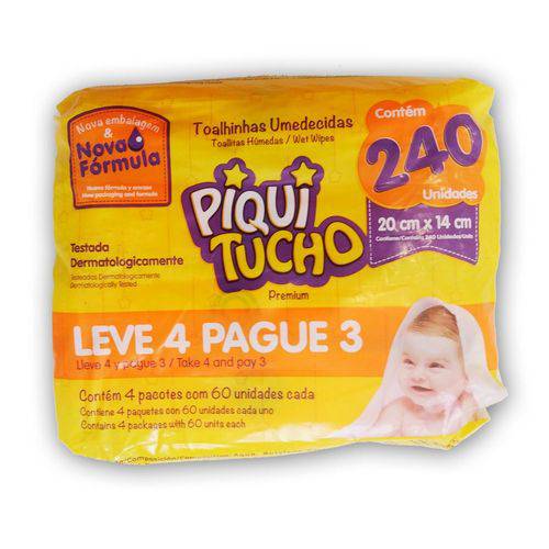 Toalhas Umedecidas Premium PiquiTucho Pacote 240 Unidades