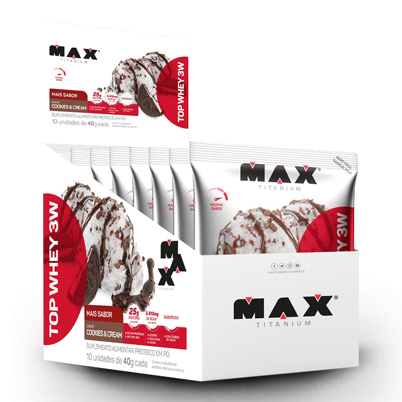 Top Whey 3W Mais Sabor (10unid-40g) Max Titanium-Cookies & Cream