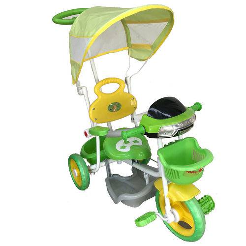 Triciclo Infantil 2x1 Verde Haste para Empurrar e Pedal Toca Musica Acende Farol Certificado Inmetro