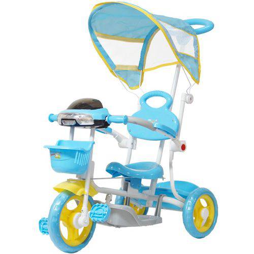 Triciclo Motoca Bicicleta 3 Rodas Infantil Passeio com Empurrador Pedal Luz Som Capota Azul