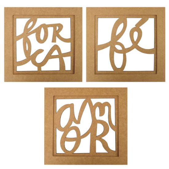 Trio de Quadros Decorativo em MDF Mensagem 30x30cm - Palácio da Arte
