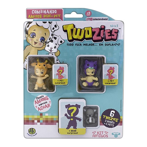 Twozies Combinando Amigos Bebê e Pet Kit Amigos DTC Brinquedos Sortidos Série 1 com 3 Bebês e 3 Pets