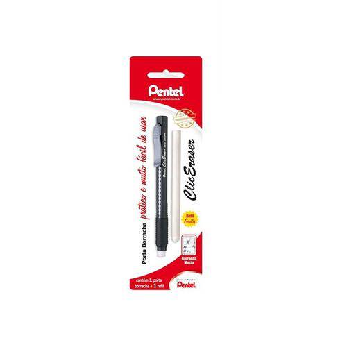 3 Unidades Caneta Borracha Clic Eraser Pentel Preta em Blister com Refil Extra