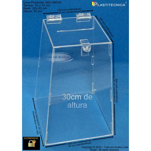 Urna Pirâmide Transparente com 30cm - Acrilico Cristal 3mm - com Cadeado