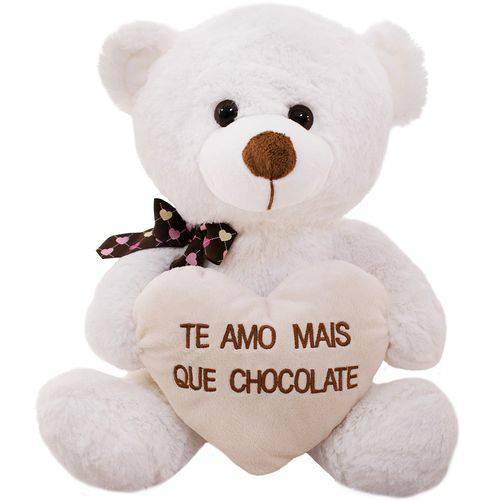Urso Branco com Coração te Amo Mais que Chocolate 31cm