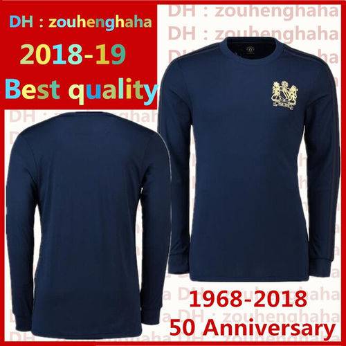 Utd 1968 Anos Camisas Especiais 1968-2018 Unidos 50 o Aniversario da Edicao Long Sleeve Blue Football Shirts