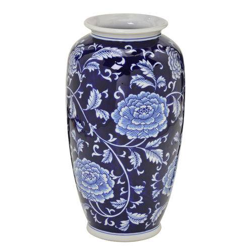 Vaso de Ceramica Azul com Flores 31cm Espressione