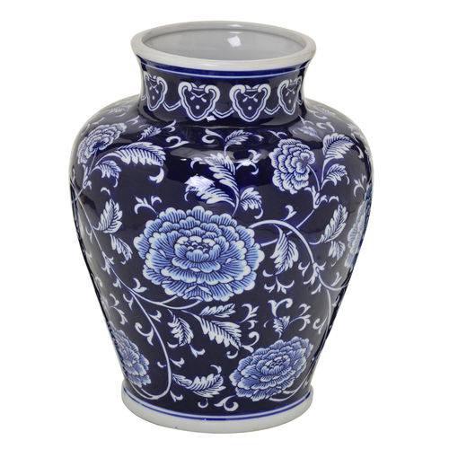 Vaso de Ceramica Azul com Flores 28cm Espressione