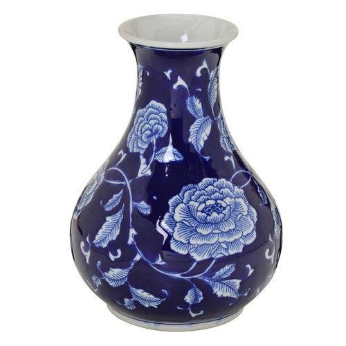 Vaso de Ceramica Azul com Flores 23cm Espressione