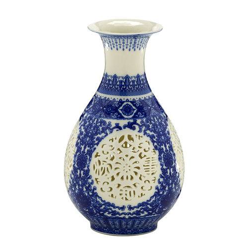 Vaso de Ceramica Azul e Creme Renda 27cm Espressione