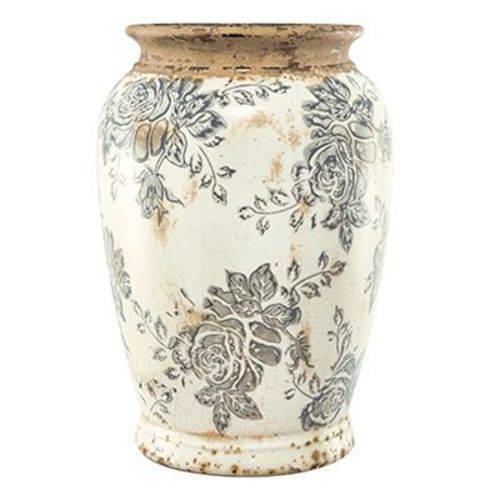 Vaso de Cerâmica - Branca com Desenhos de Flores 21cm