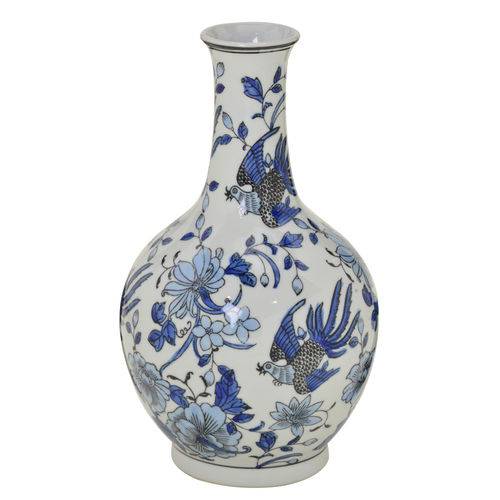 Vaso de Ceramica Branco com Flores Azul 30cm Espressione