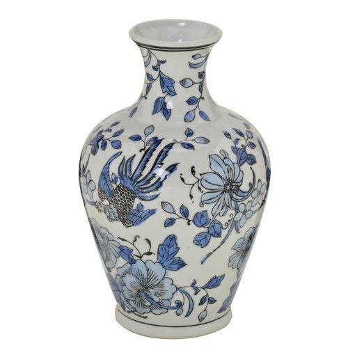 Vaso de Ceramica Branco com Flores Azul 25cm Espressione