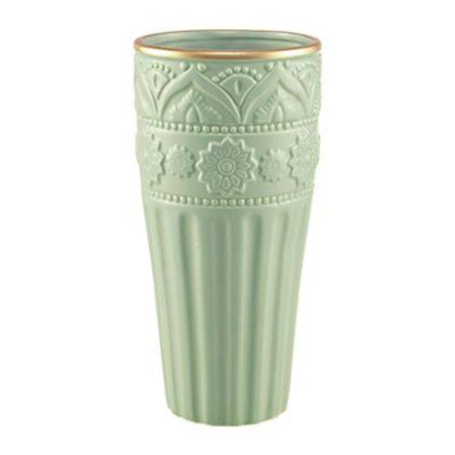 Vaso de Cerâmica - Menta com Detalhes de Flores - Médio 25cm
