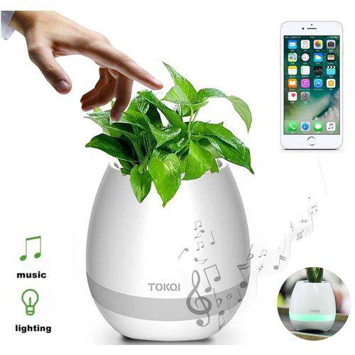 Vaso de Planta Musical com Sensor Toque Caixa Som Bluetooth e Led Decorativo Recarregavel Branco