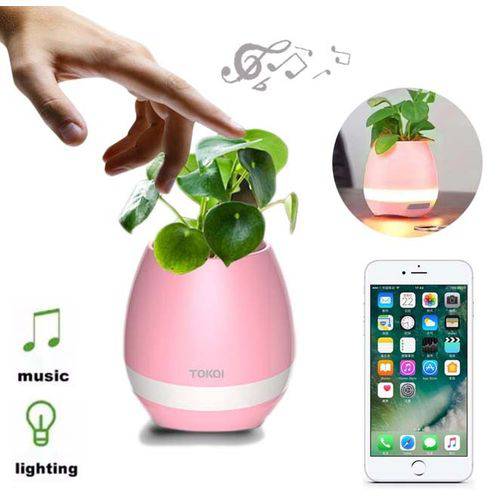 Vaso de Planta Musical com Sensor Toque Caixa Som Bluetooth e Led Decorativo Recarregavel Rosa