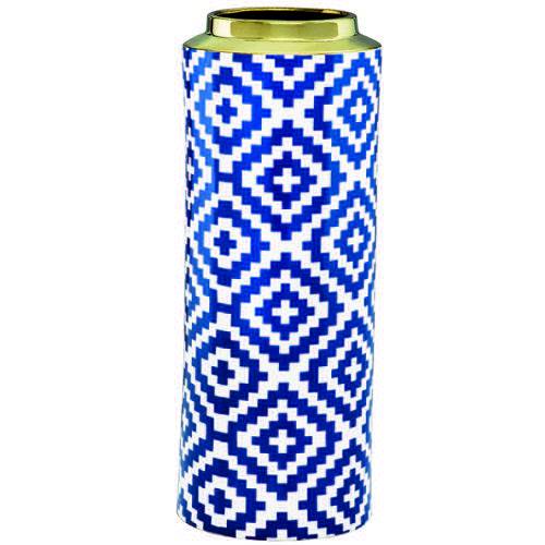 Vaso Decorativo Cerâmica Azul/branco 14x36x14cm