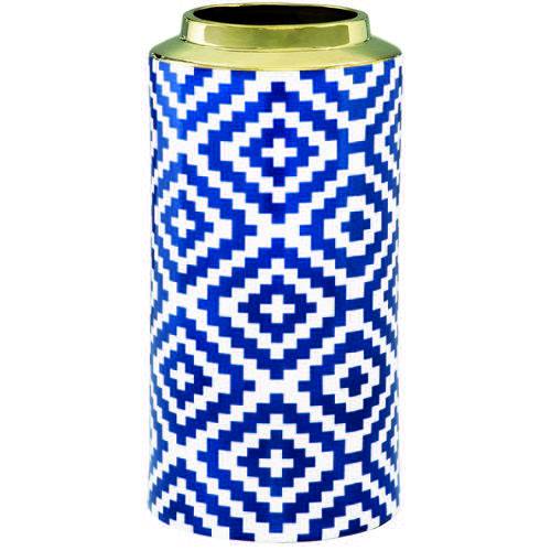 Vaso Decorativo Cerâmica Azul/Branco 14X28X14Cm