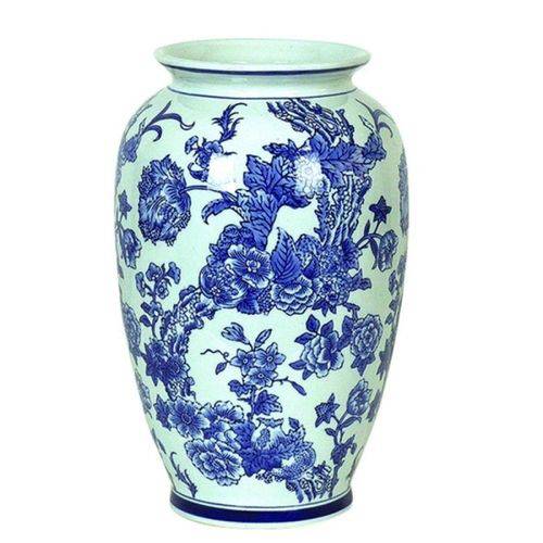 Vaso Decorativo de Cerâmica Branco com Detalhes em Azul - 30 X 19 Cm