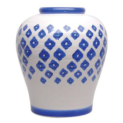 Vaso Decorativo de Cerâmica Branco com Detalhes em Azul - 19 X 16 Cm