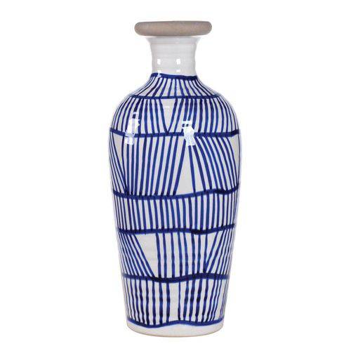 Vaso Decorativo de Cerâmica Branco com Detalhes em Azul - 40 X 18 Cm