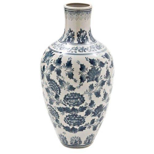 Vaso Decorativo de Cerâmica Branco com Detalhes em Azul - 46 X 23 Cm