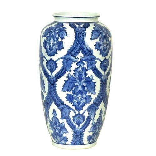 Vaso Decorativo de Cerâmica Branco com Detalhes em Azul - 36 X 20 Cm