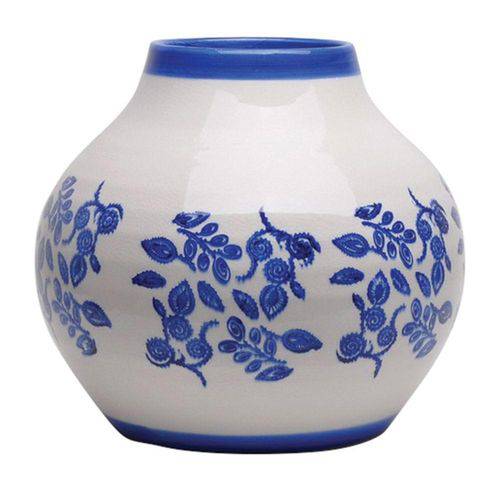 Vaso Decorativo de Cerâmica Branco com Detalhes em Azul - 36 X 42 Cm