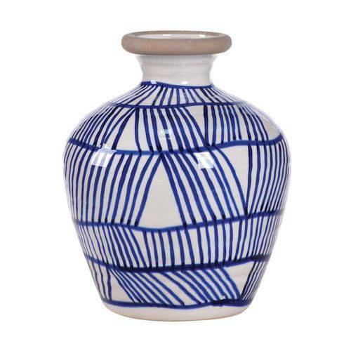 Vaso Decorativo de Cerâmica Branco com Detalhes em Azul - 26 X 22 Cm
